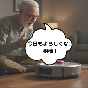 AI掃除機に話しかけるおじいちゃん