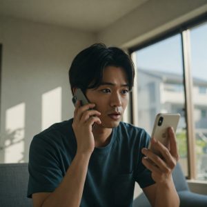 AIアシスタントに話しかける若い男性