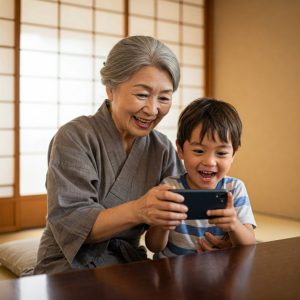 翻訳ツールに語りかけるおばあちゃん