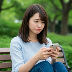 スマホのチャット画面を見つめる女性