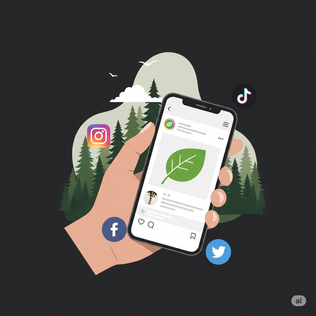 スマホでSNSを表示。サステナブルをメッセージで伝える画像。