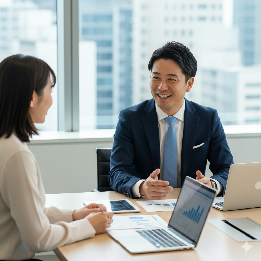 お客様と商談をする30代男性