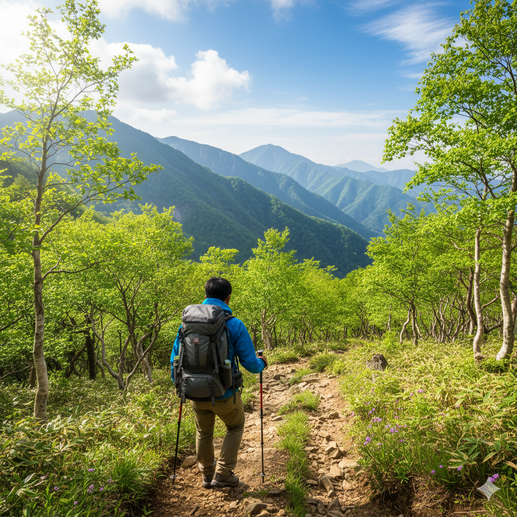 登山をする30代男性