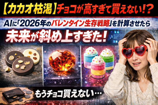 【カカオ枯渇】チョコが高すぎて買えない?AIに『2026年のバレンタイン生存戦略』を計算させたら、未来が斜め上すぎた!