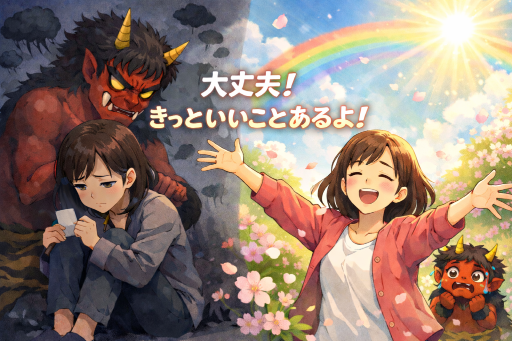 大丈夫!きっといいことあるよ!女の子と鬼