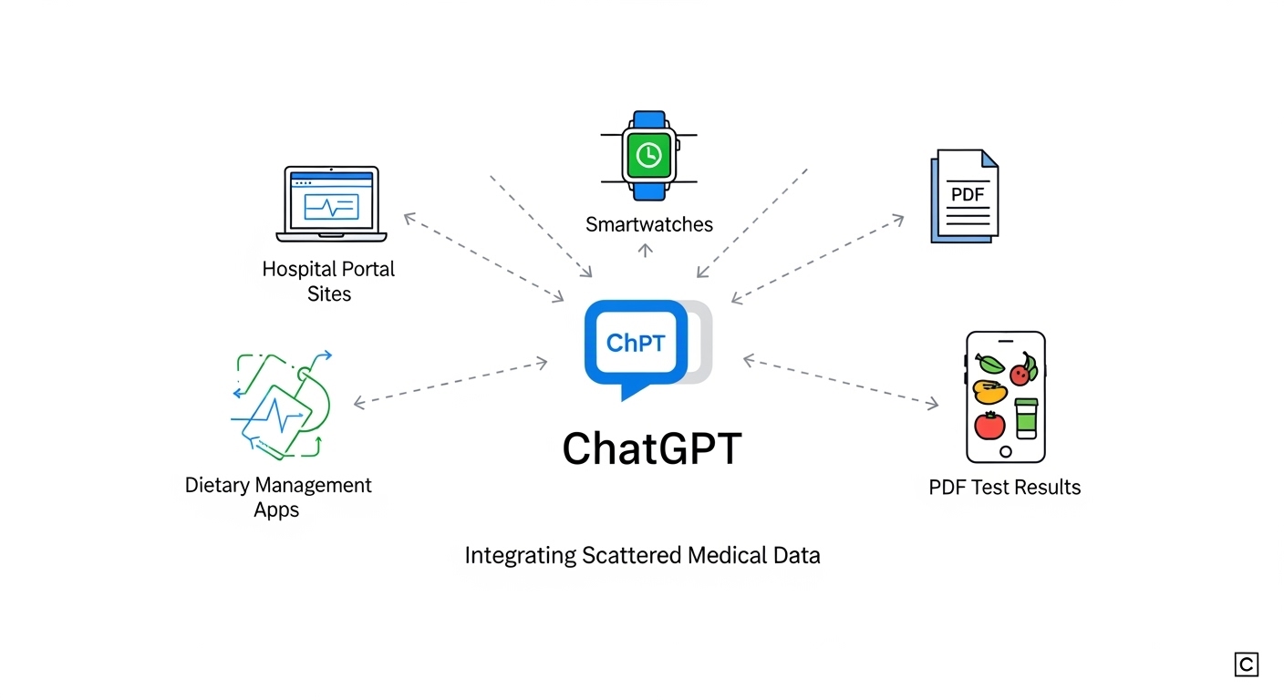 分散した医療データがChatGPTによって統合されるイメージ図