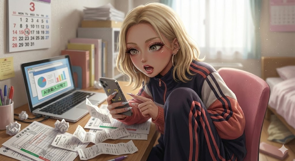 確定申告のアプリに入力するためのレシートを写真に撮っているイラスト