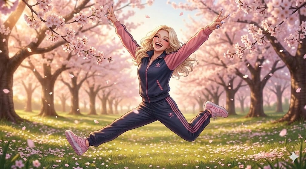 桜の木の下で、ピースをするギャルのイラスト