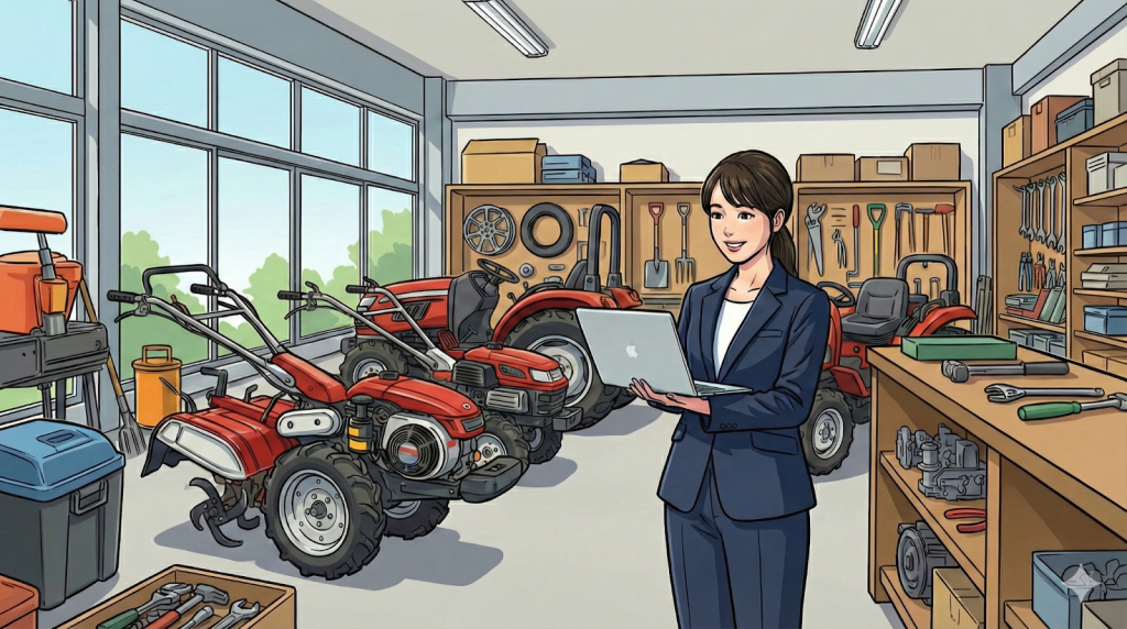 農機具屋にいるパソコンを持つスーツの女性