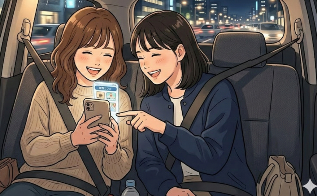 車内でスマホを見る女性2人のイラスト