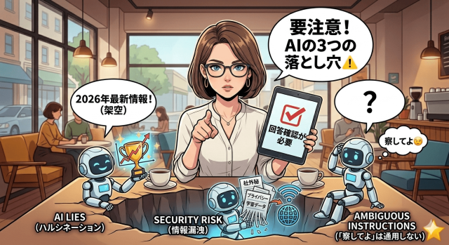 AIの落とし穴3点を示す女性の様子