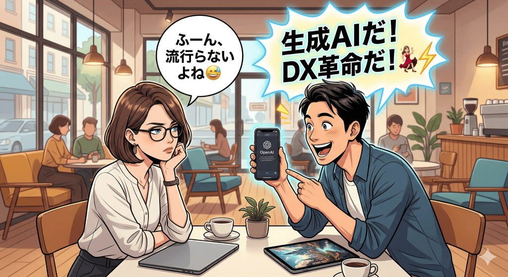 カフェで男性が女性に熱弁する用紙