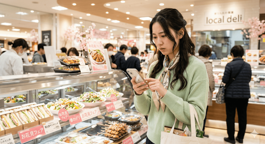 デパ地下のショーケース前でスマホを見ながら悩む女性の様子
