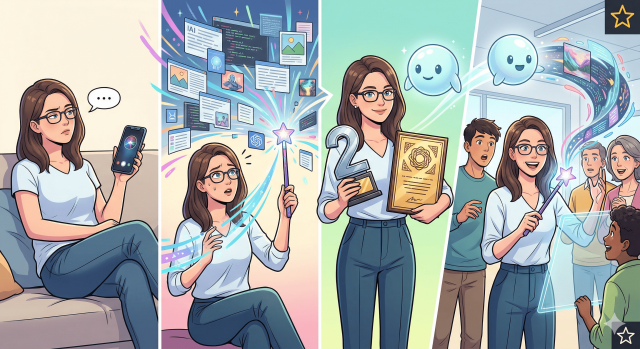 女性がAIに対する考えの変化を示す様子の4コマ