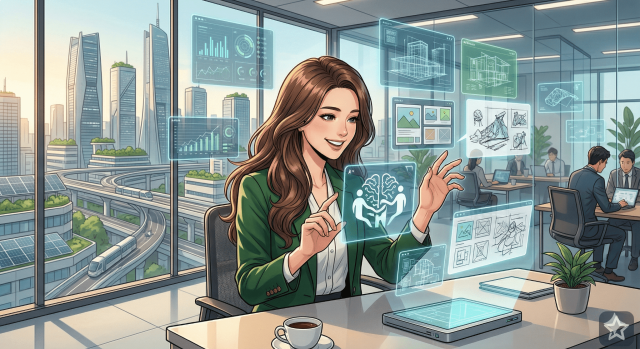 女性がオフィスで空間に映し出されたパネルを操作する様子