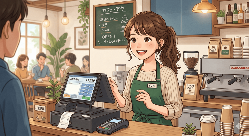 笑顔で接客するカフェ店員のイラスト