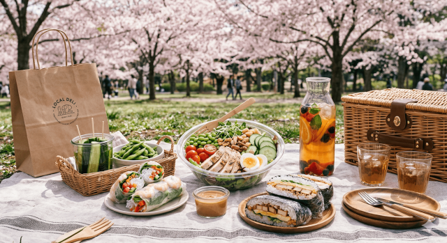 桜満開の下レジャーシートに広がるカラフルな食事