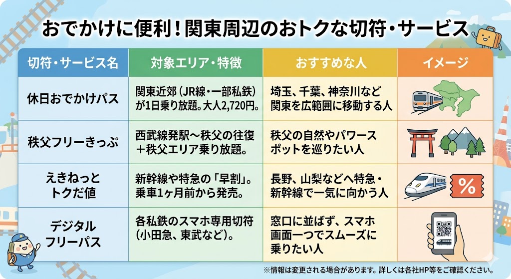 関東周辺のお得な切符・サービス一覧表。
