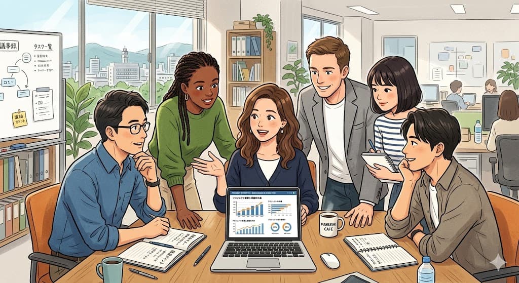 パソコン画面を見せながら話し合う様子のイラスト