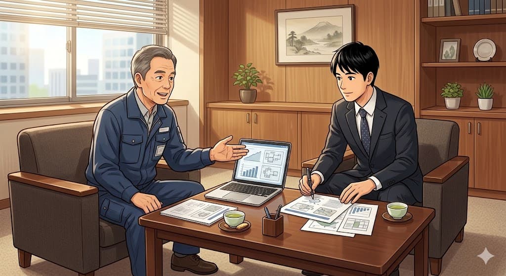 応接室で話す作業着の男性とスーツの男性のイラスト