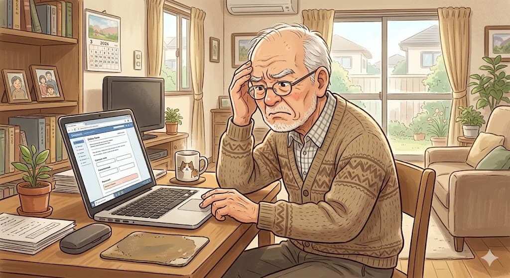 コンピューター画面を見て悩む男性のイラスト