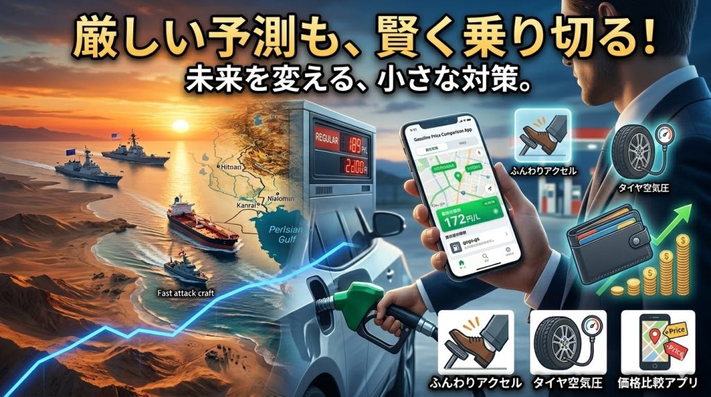 中東情勢の緊張とガソリン価格高騰を背景に、男性が価格比較アプリやふんわりアクセルなどの節約術で賢く乗り切るイメージ画像。