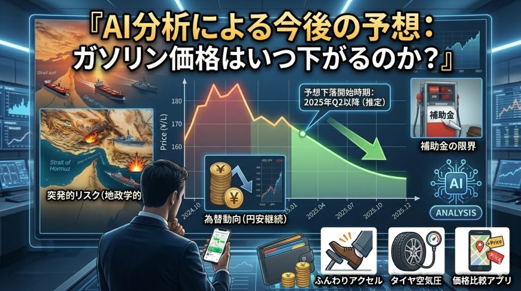 モニターに映し出されたガソリン価格の下落予想グラフや、地政学的リスクなどのAI分析データを、男性がスマホを手にしながら見つめているイメージ画像