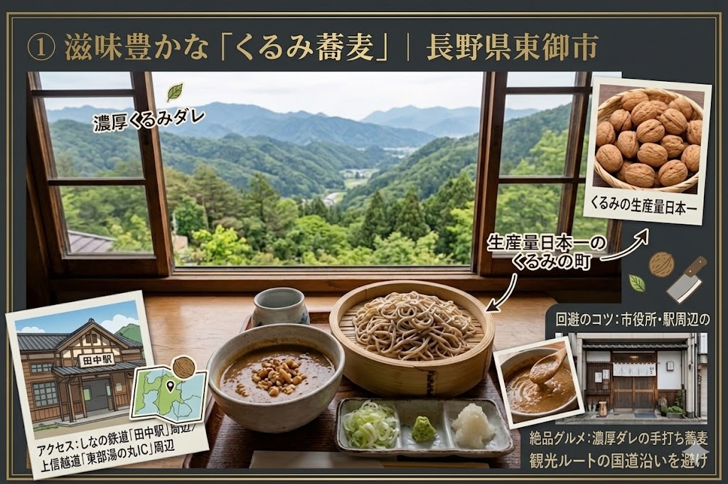 長野県東御市のご当地グルメ「くるみ蕎麦」の紹介画像。