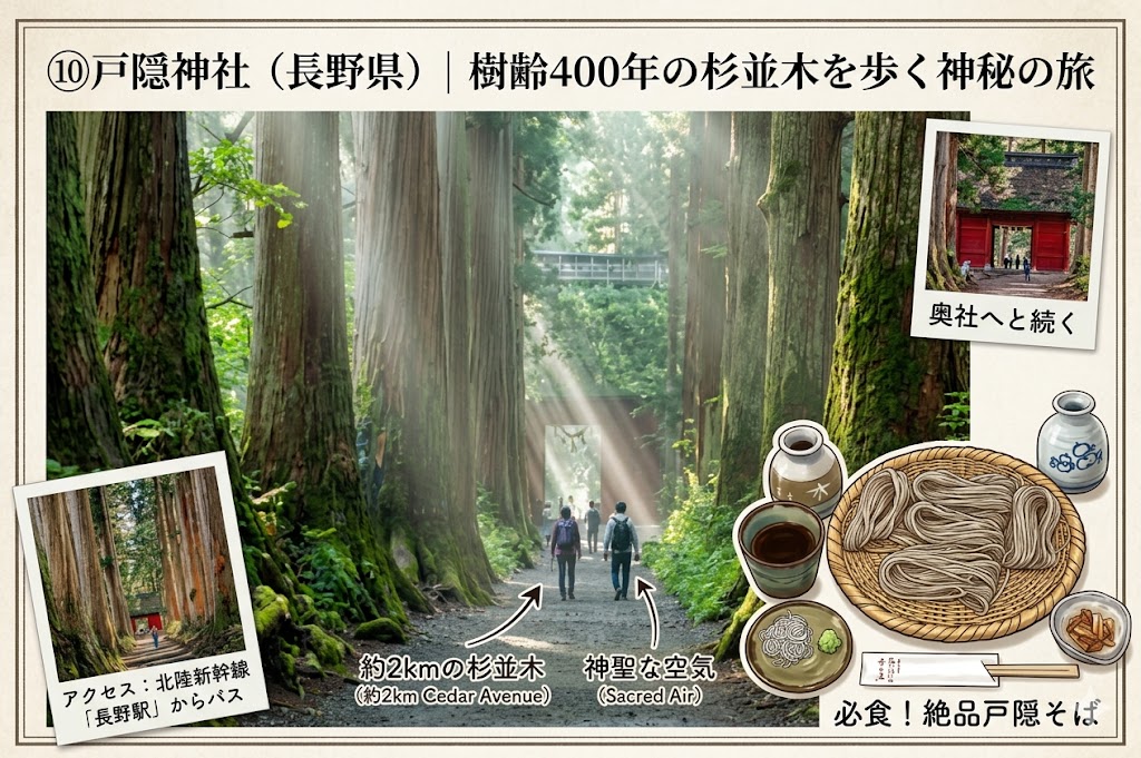 長野県・戸隠神社の神秘的な杉並木の風景と、名物の戸隠そばを紹介する画像