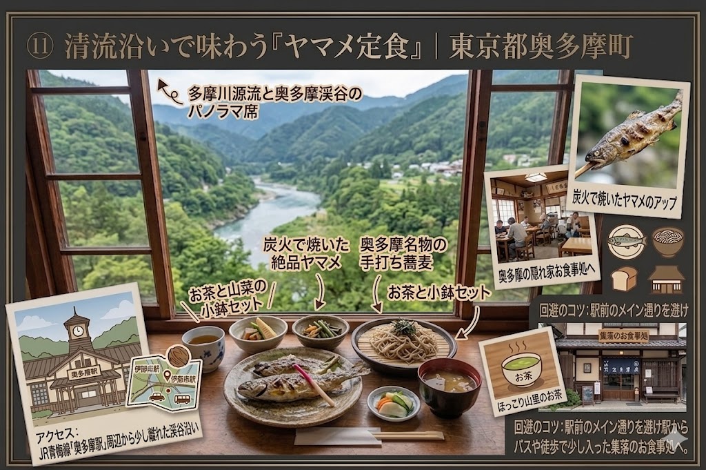 東京都奥多摩町で清流を眺めながら味わう「ヤマメ定食」の紹介画像。