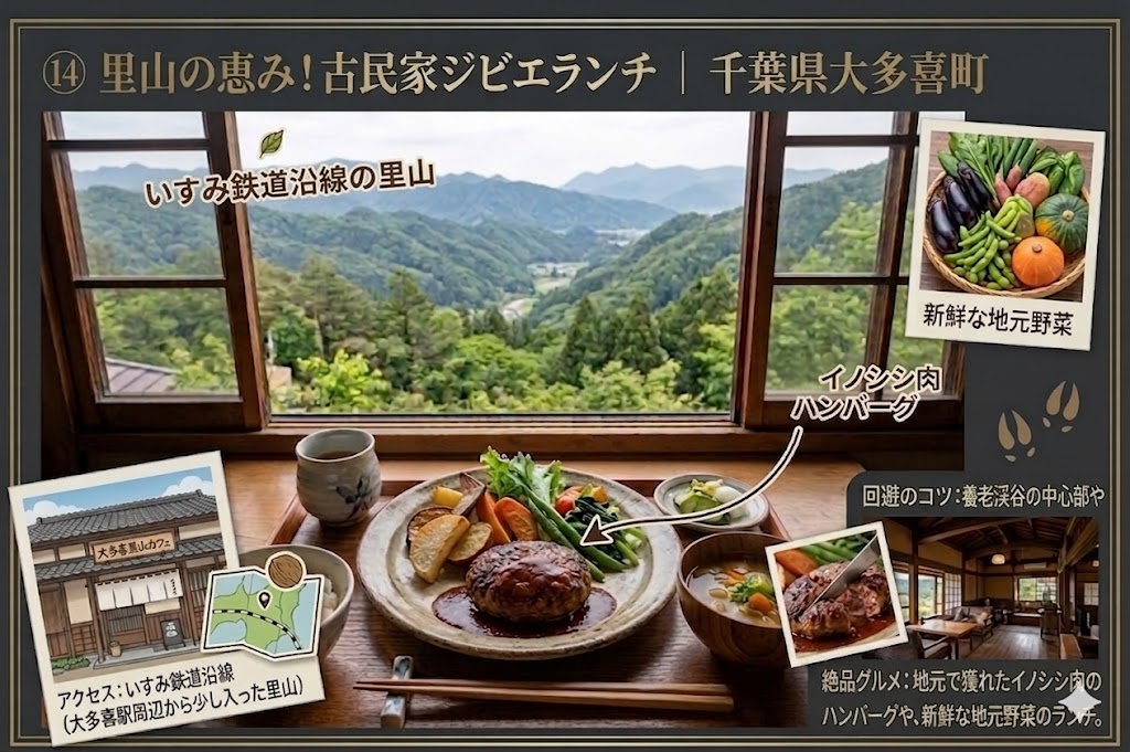 千葉県大多喜町で味わう、古民家ジビエランチ(イノシシ肉ハンバーグ)の紹介画像。