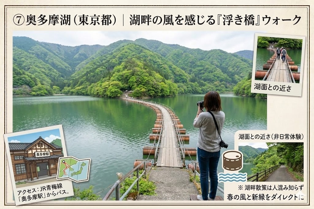 奥多摩湖の浮き橋（ドラム缶橋）の風景と観光情報をまとめたスクラップブック風の画像。