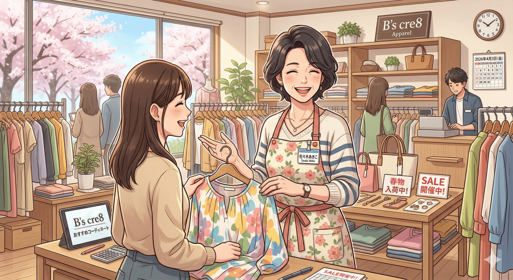 アパレルショップで働く主婦の様子