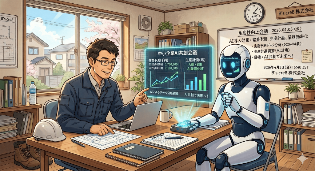 AIロボットと中小企業男性が会議をする様子