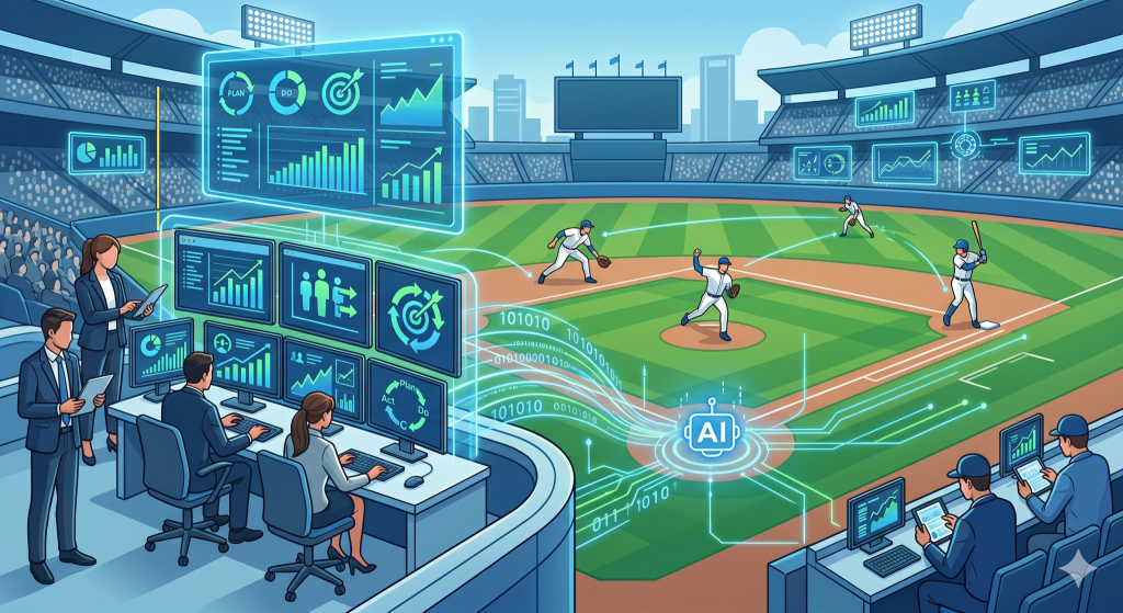 球場でビジネスパーソンがAIを活用するイラスト