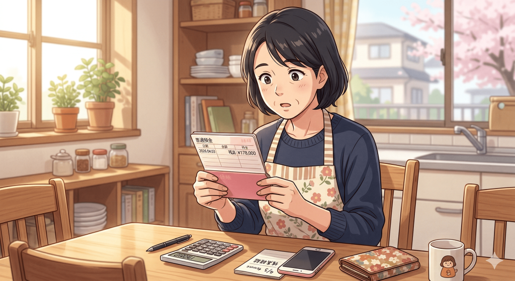 通帳を見て驚いている主婦の様子