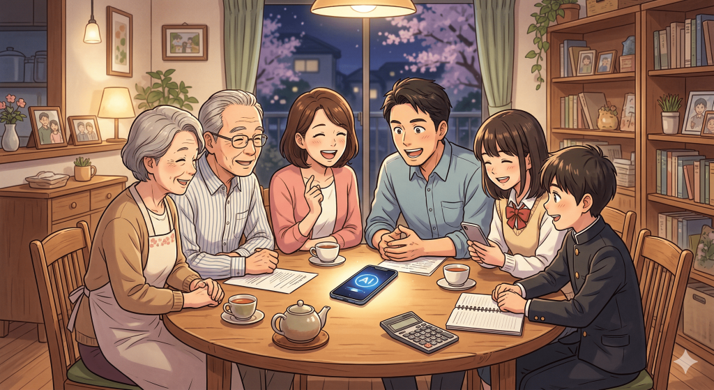 一家がスマホに向かって話しかけてる様子