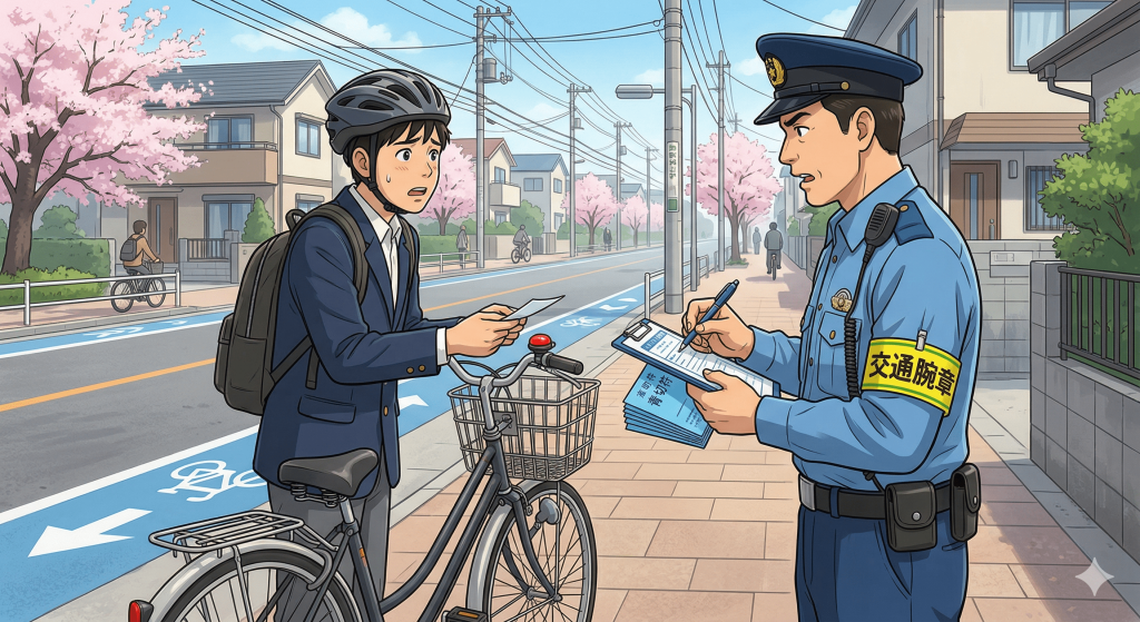 警察官に青切符を切られる自転車を持つ男子高校生の様子