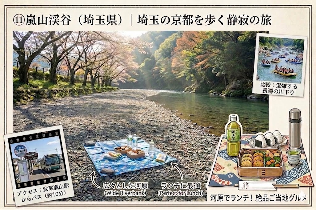 埼玉県・嵐山渓谷の紹介画像。静かな河原でのランチ風景やアクセス情報を掲載。