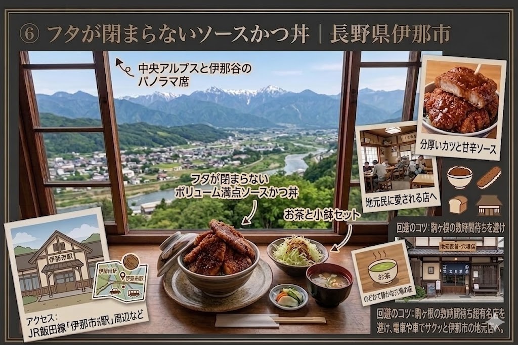 長野県伊那市の名物「フタが閉まらないソースかつ丼」の紹介画像。