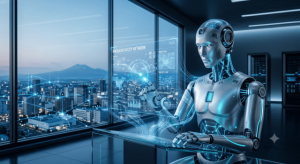 ロボットやサイバー空間を思わせる、少しクールなAIのイメージ画像。
